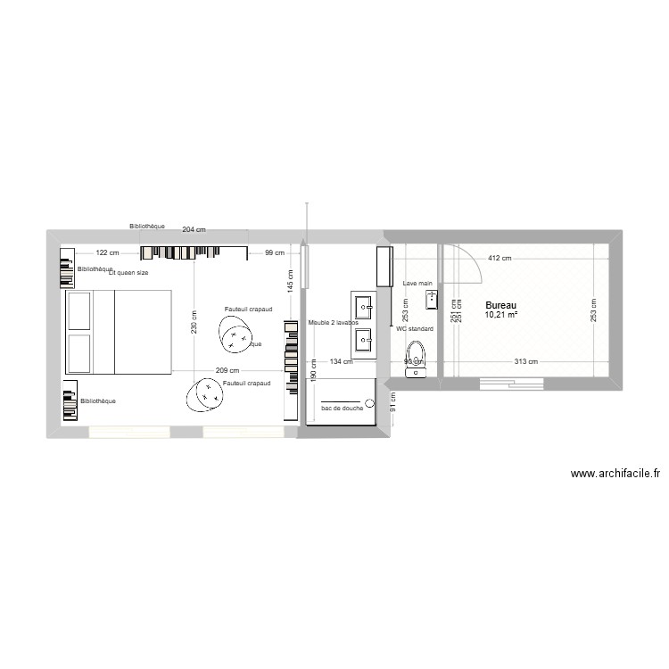 projet Vaux chambre, wc, bureau. Plan de 1 pièce et 10 m2