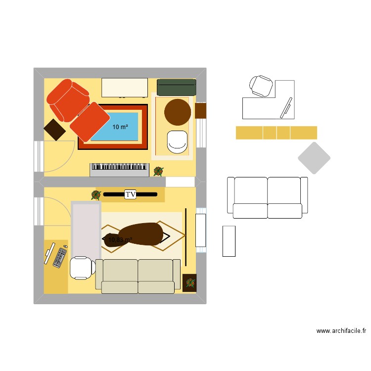 Salon 1 - current disposition. Plan de 2 pièces et 21 m2