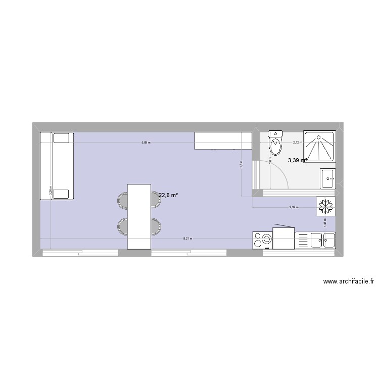 stud. Plan de 2 pièces et 26 m2