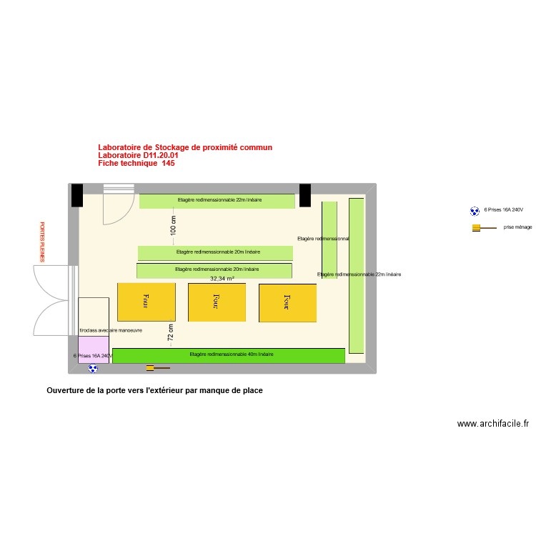 Fiche 145-laboratoire de stockage de proximité commun V5. Plan de 1 pièce et 32 m2