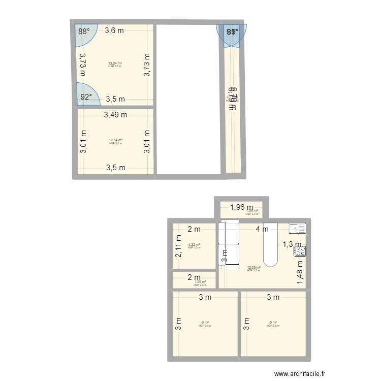 locatif 3 appts Nr.2. Plan de 9 pièces et 66 m2