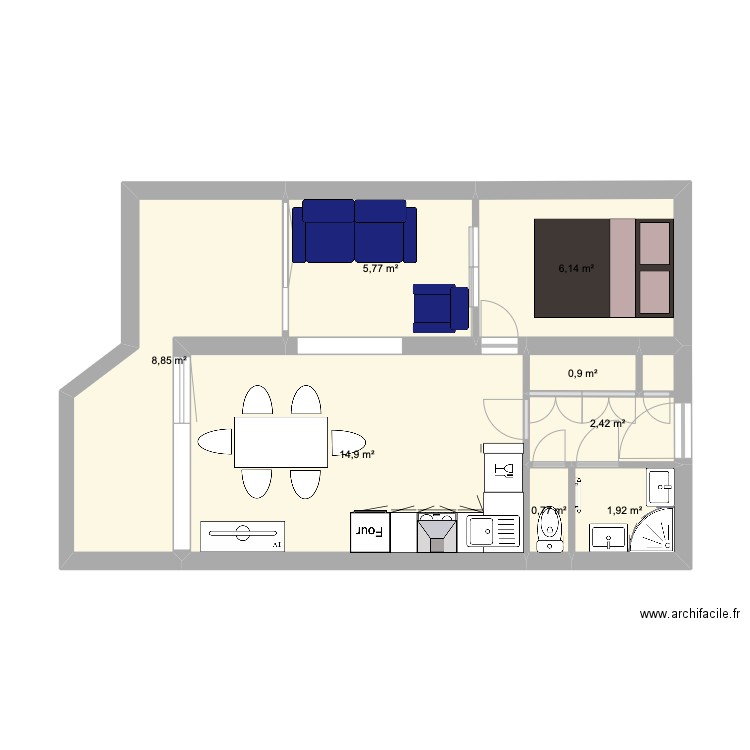 Roi Soleil. Plan de 8 pièces et 42 m2