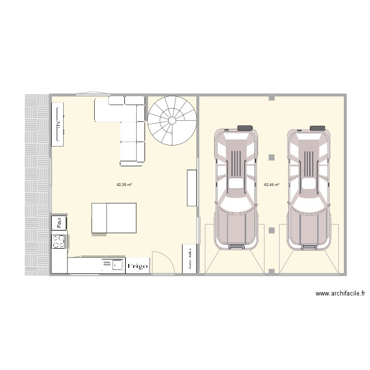 Container. Plan de 2 pièces et 85 m2