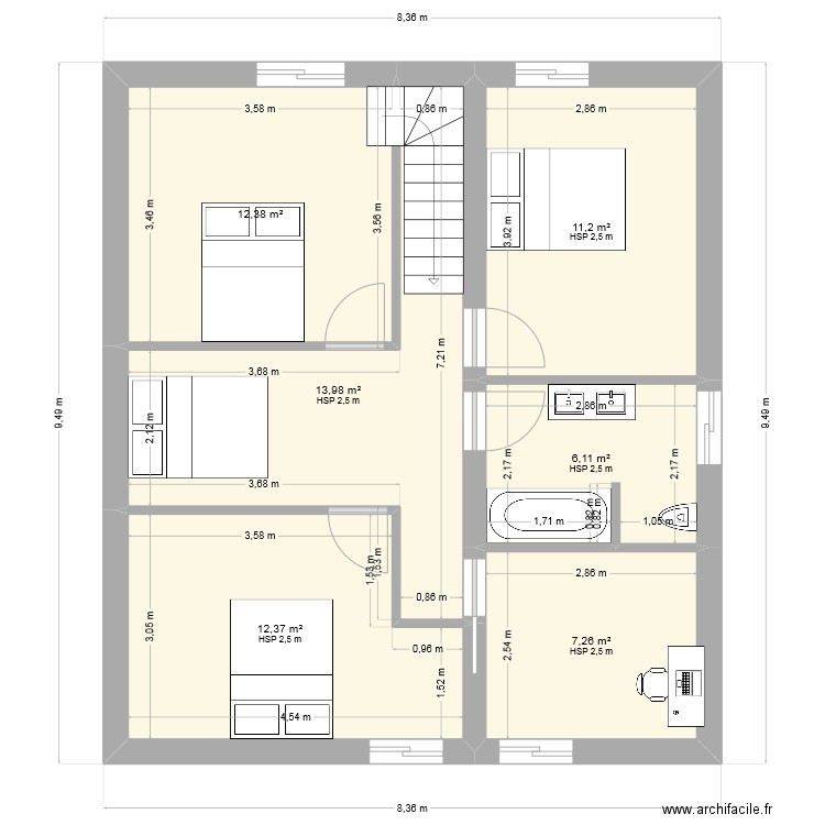 Esquisse maison 1 étage. Plan de 6 pièces et 63 m2