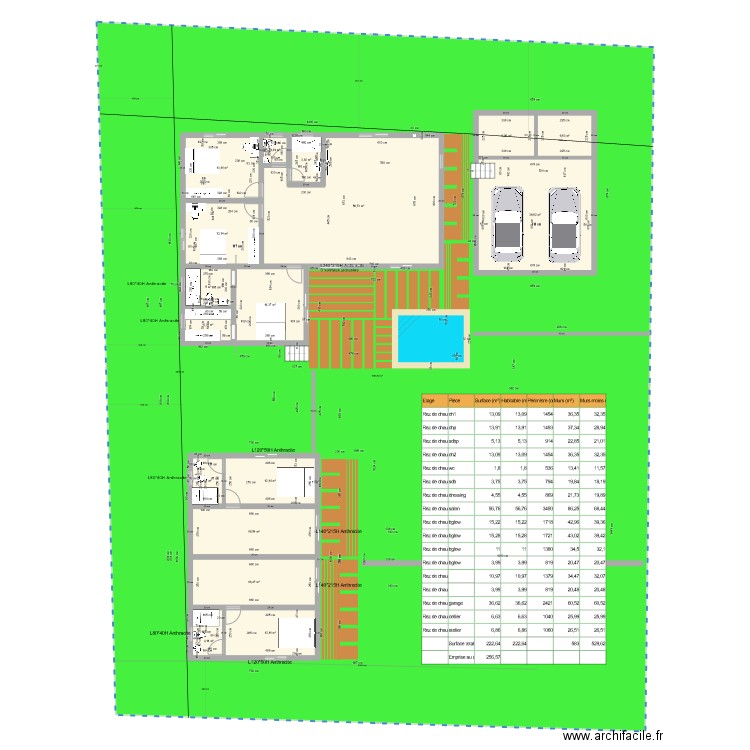 Maison principale + bangalows meublé. Plan de 17 pièces et 228 m2