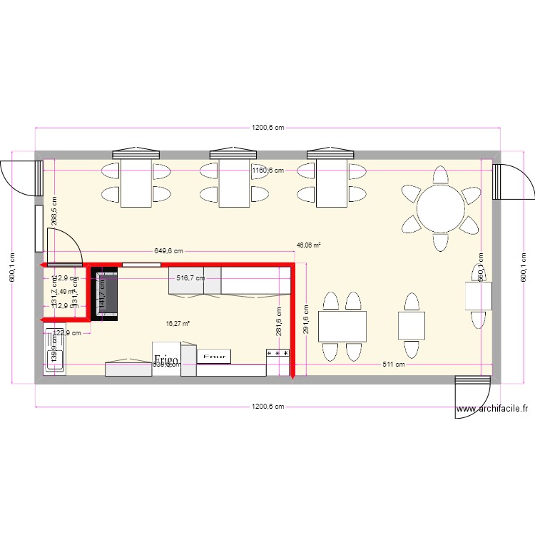 plan cuisine et salle . Plan de 3 pièces et 64 m2