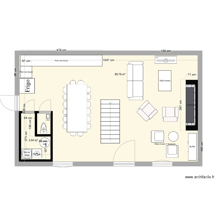 ree de chauseez. Plan de 2 pièces et 69 m2