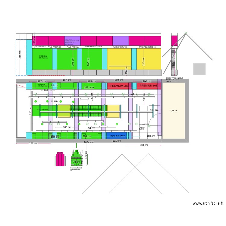 PLAN SUNGLASSES V10 SNG h320 accessoires et eclairage down 2 lineaire3. Plan de 1 pièce et 7 m2