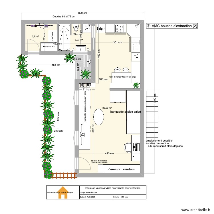 Atelier Pioche . Plan de 3 pièces et 44 m2