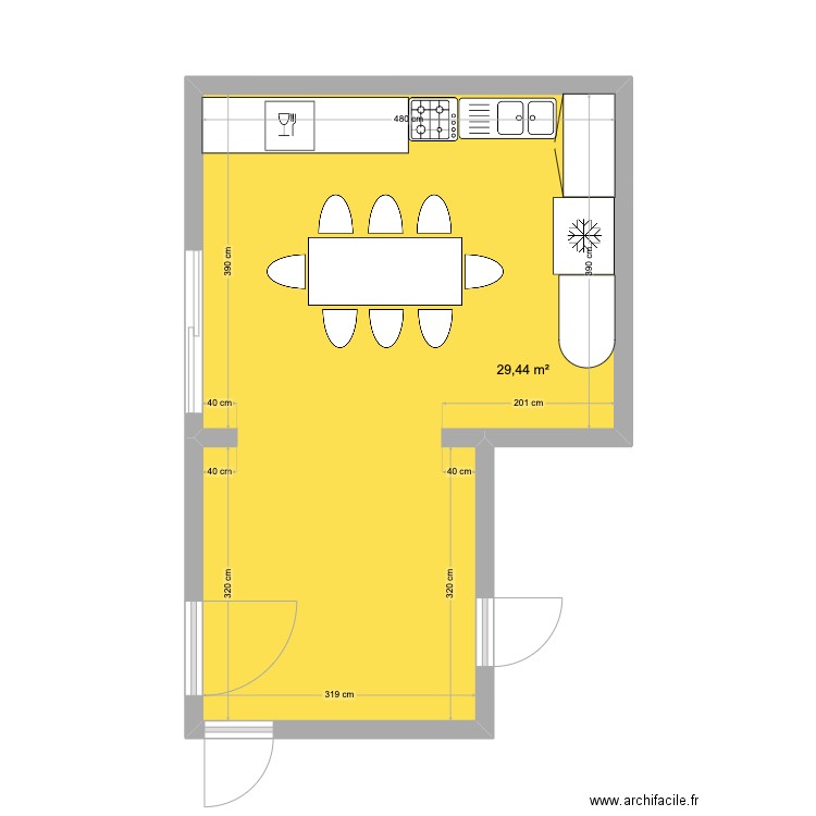 extension avec ancienne cuisine. Plan de 1 pièce et 29 m2