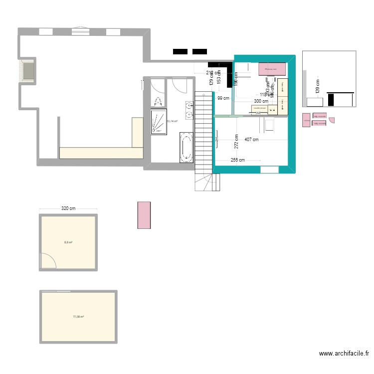 division de la chambre. Plan de 3 pièces et 31 m2