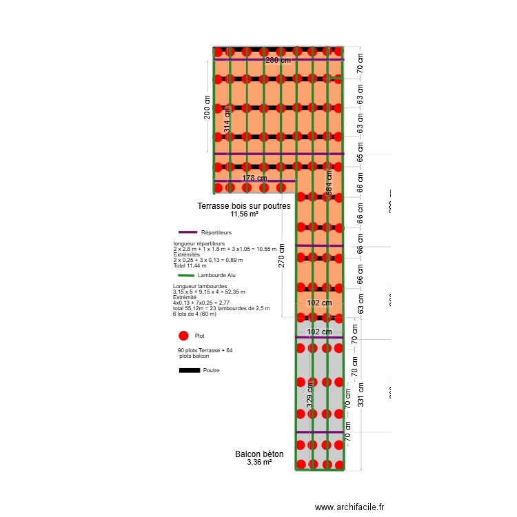 Implantation terrasse CHEVRONS. Plan de 2 pièces et 15 m2