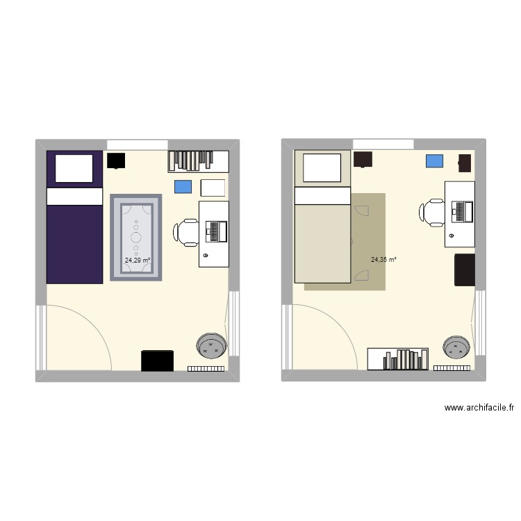 chambre. Plan de 2 pièces et 49 m2