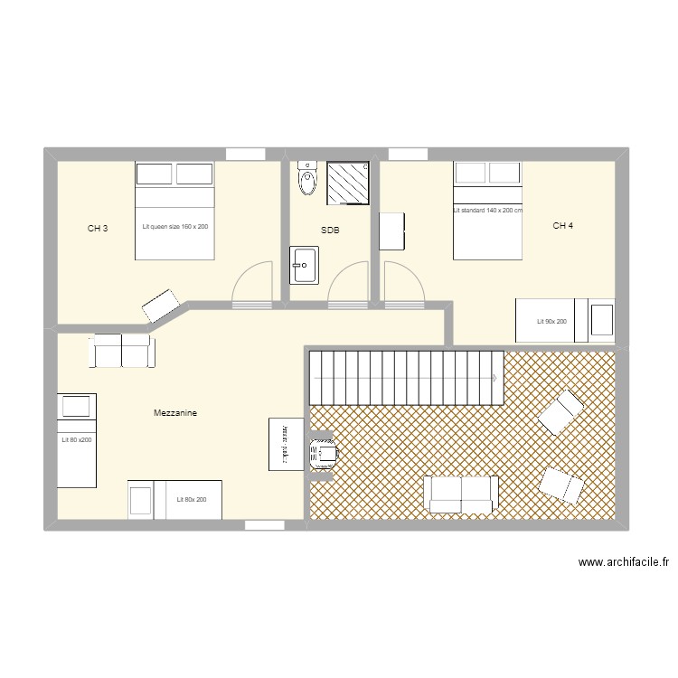 Hossegor 1 etage. Plan de 5 pièces et 77 m2