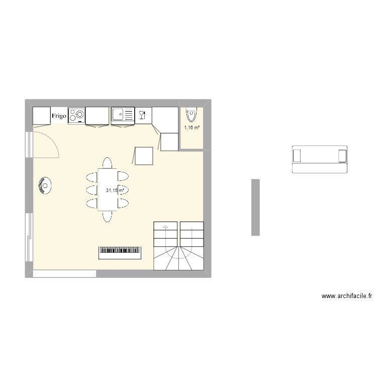 Plan future cuisine. Plan de 2 pièces et 32 m2