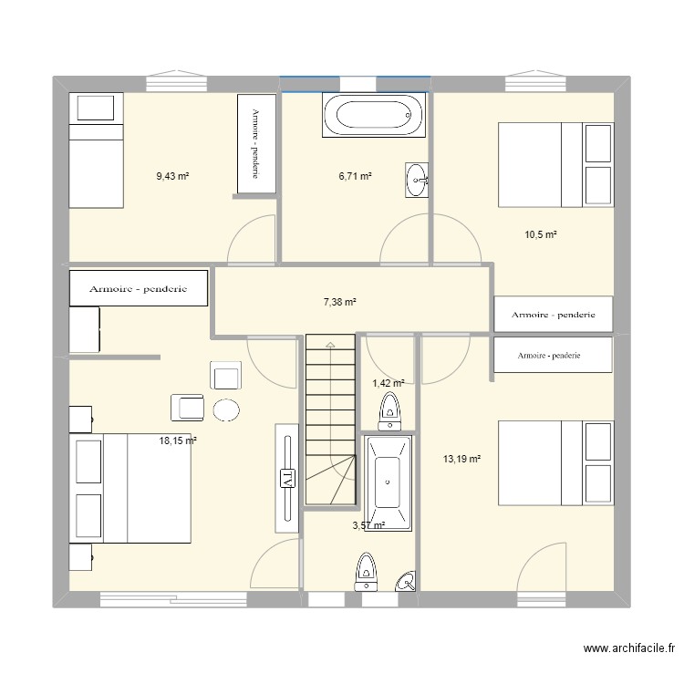 r+1.1. Plan de 8 pièces et 70 m2