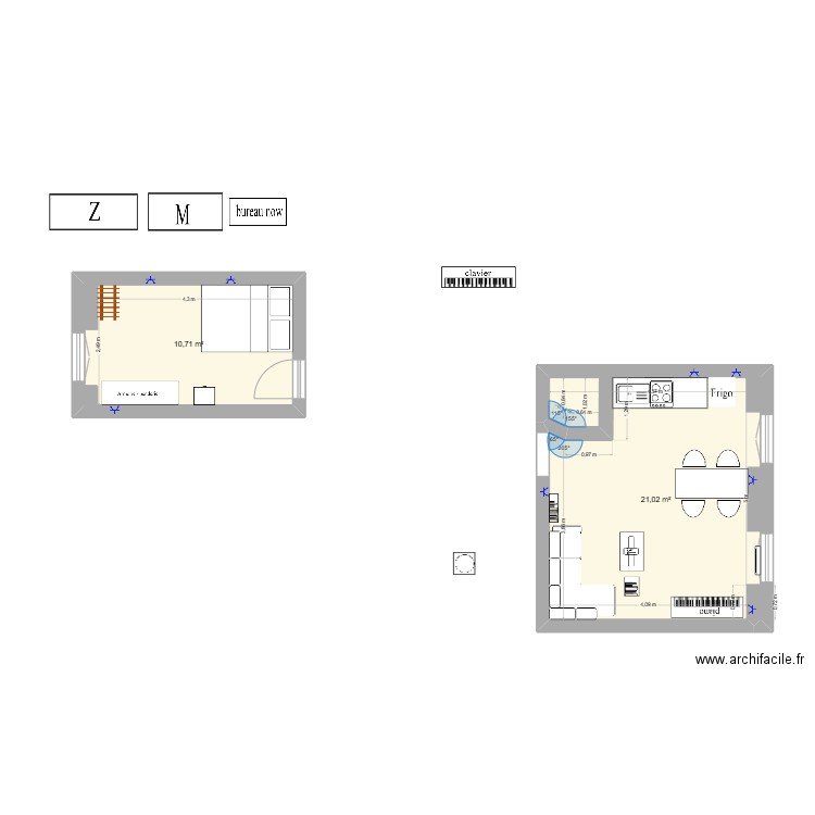 Maison. Plan de 2 pièces et 32 m2