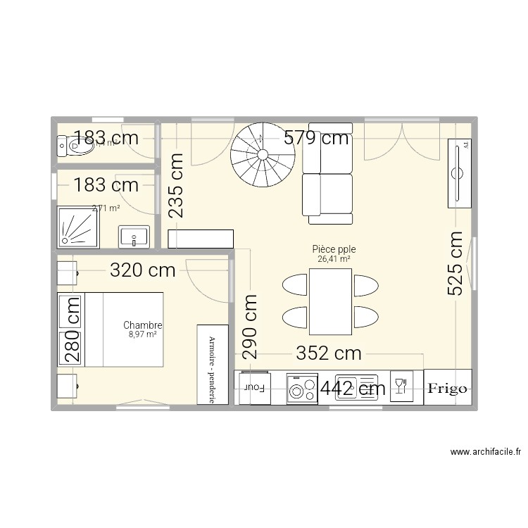 T2 40m2. Plan de 4 pièces et 39 m2