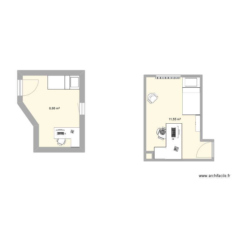 chambre douwy. Plan de 2 pièces et 20 m2