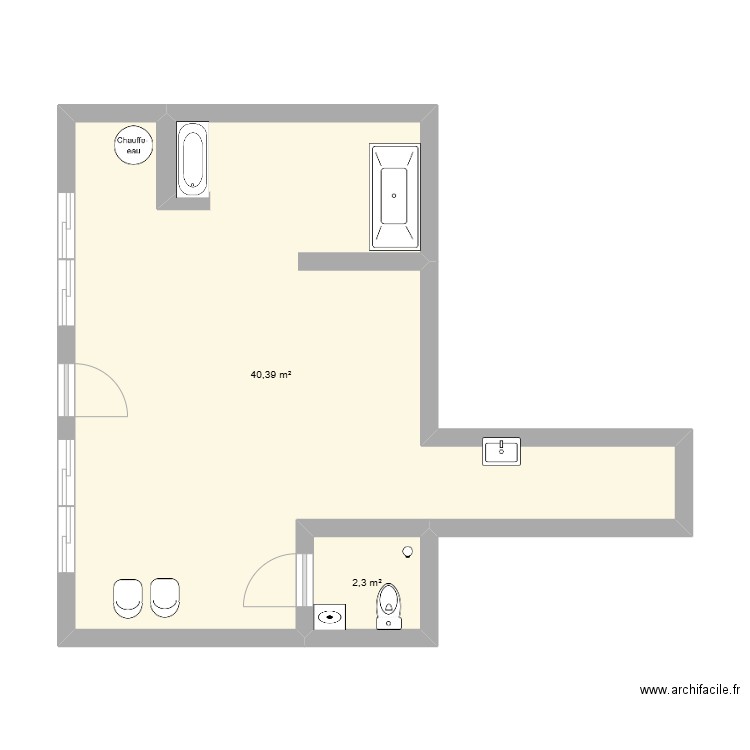 salon. Plan de 2 pièces et 43 m2