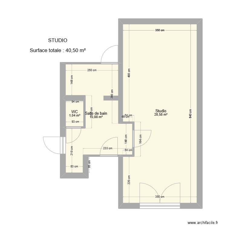 Studio. Plan de 3 pièces et 40 m2