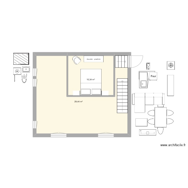 Gite 2 - Atelier R2 chambre. Plan de 2 pièces et 40 m2