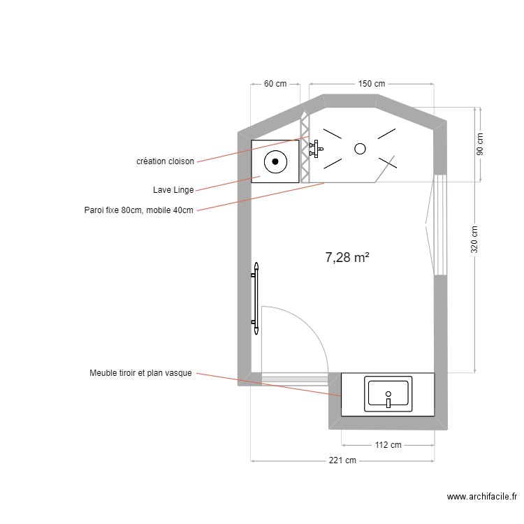 SDB Goussu. Plan de 1 pièce et 7 m2