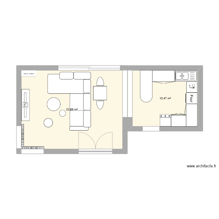 Dar rdc salon3. Plan de 2 pièces et 33 m2