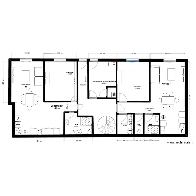 pontivy rez de cour . Plan de 1 pièce et 132 m2