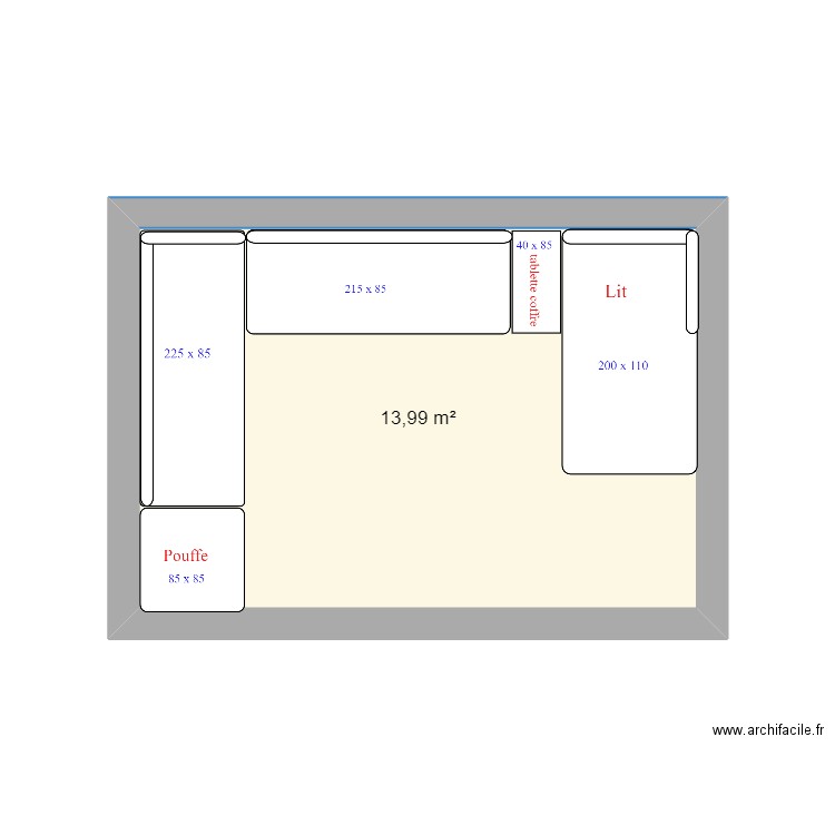 sallon amal. Plan de 1 pièce et 14 m2