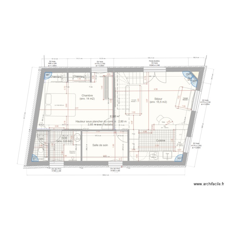 Projet Barbier. Plan de 2 pièces et 52 m2