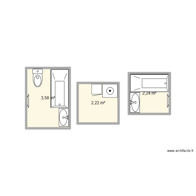 SDB. Plan de 3 pièces et 8 m2