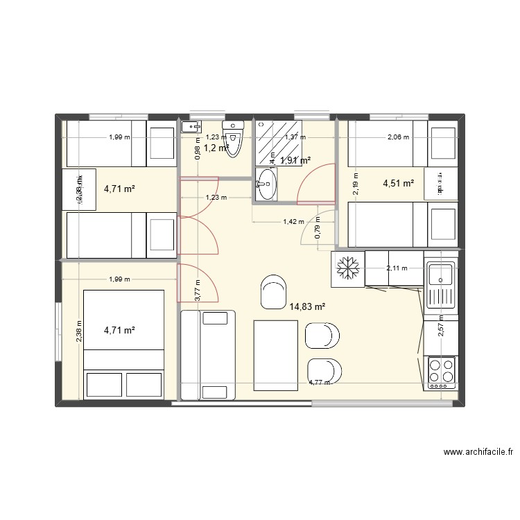 LMG35m². Plan de 6 pièces et 32 m2