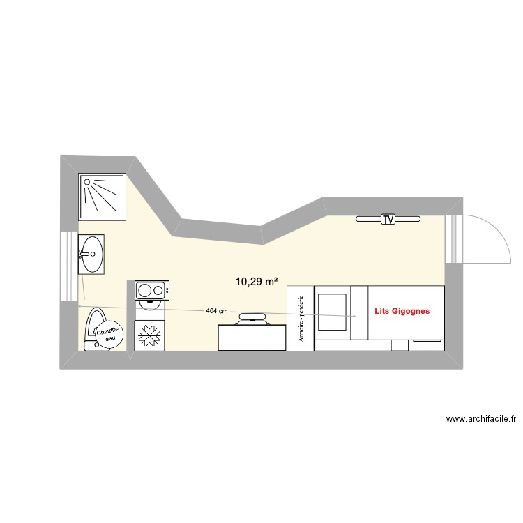 Chambre Etudiant 2. Plan de 1 pièce et 10 m2