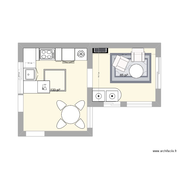 Cuisine milieu version 3. Plan de 2 pièces et 20 m2