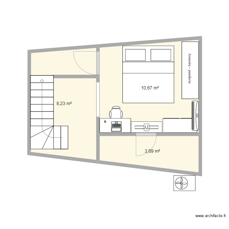 studio  chambre 2. Plan de 3 pièces et 23 m2