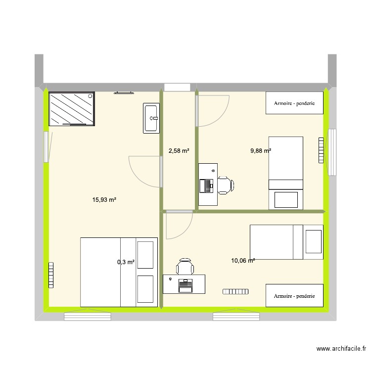 extension . Plan de 5 pièces et 39 m2