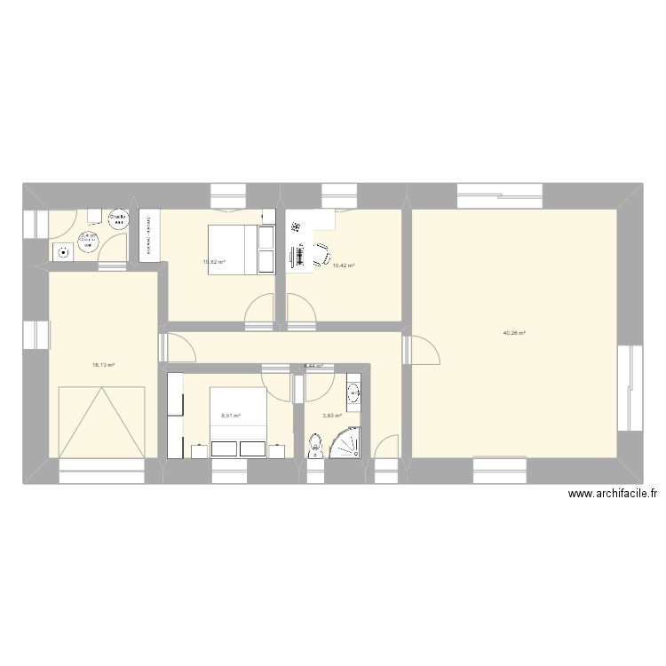 Maison couloir. Plan de 8 pièces et 102 m2