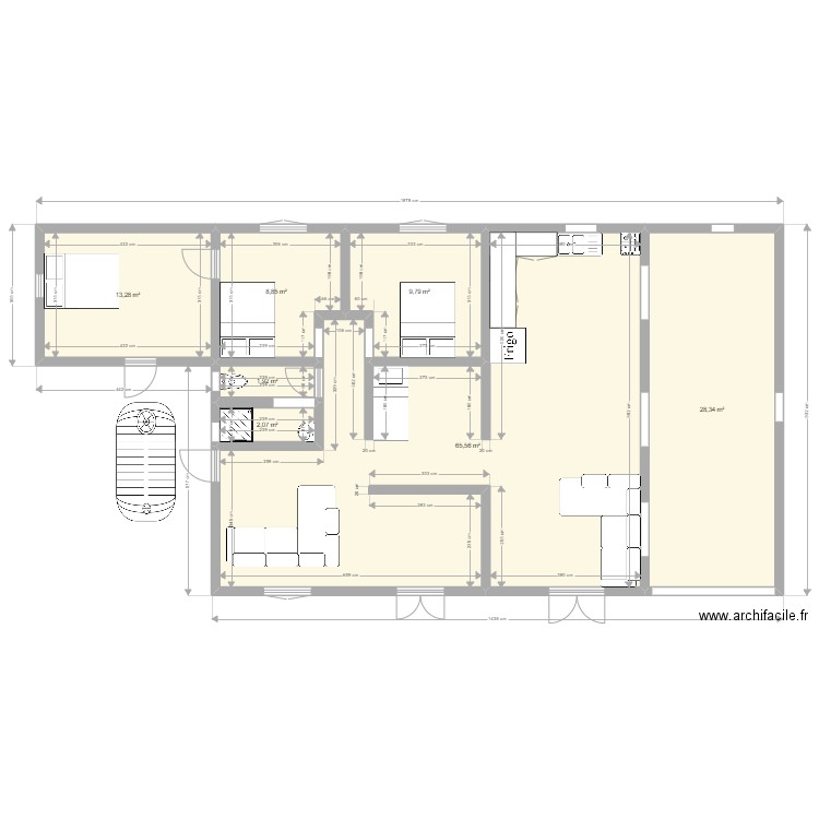 maison existante equipé après modif. Plan de 7 pièces et 130 m2