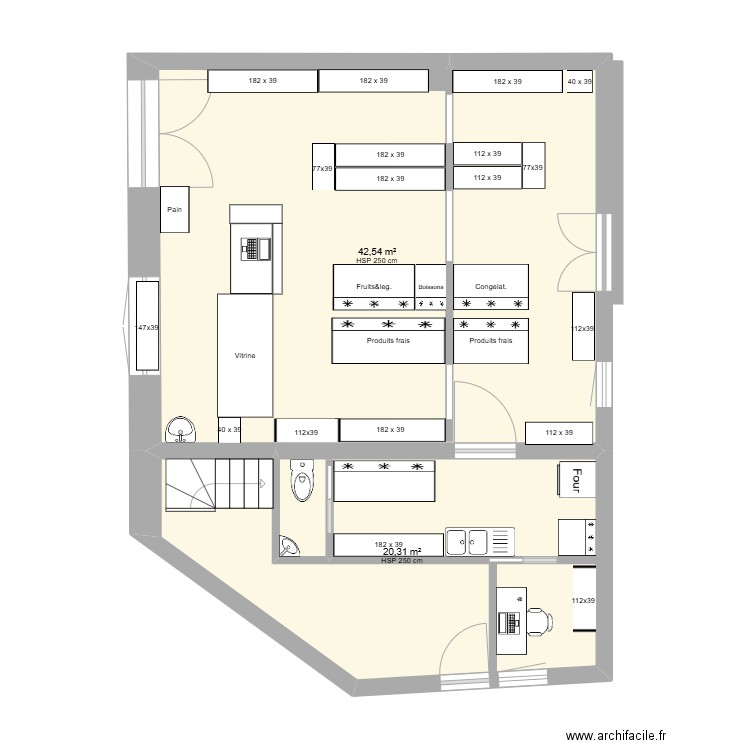 Epicerie aménagement 202502. Plan de 2 pièces et 63 m2