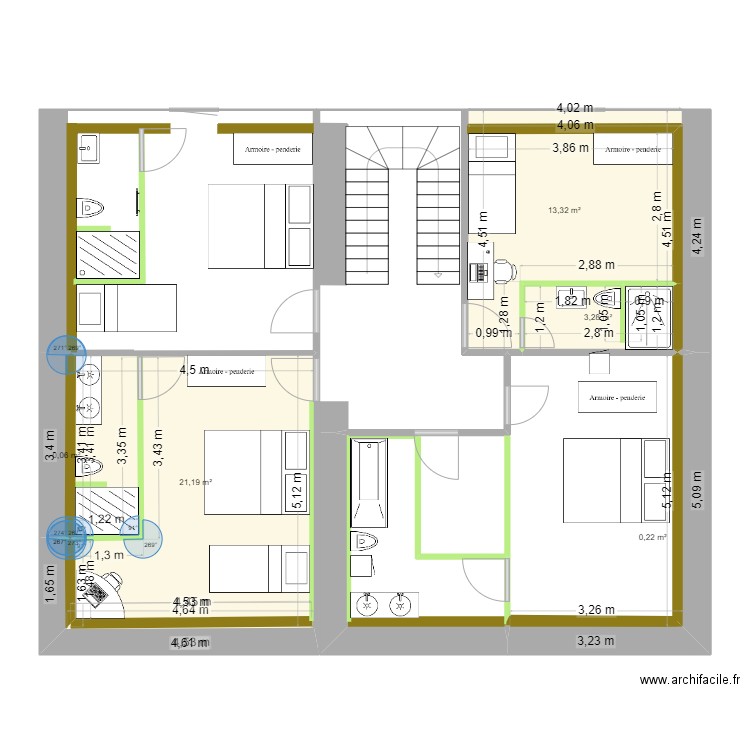 PLAN 1 er etage restauré. Plan de 5 pièces et 38 m2