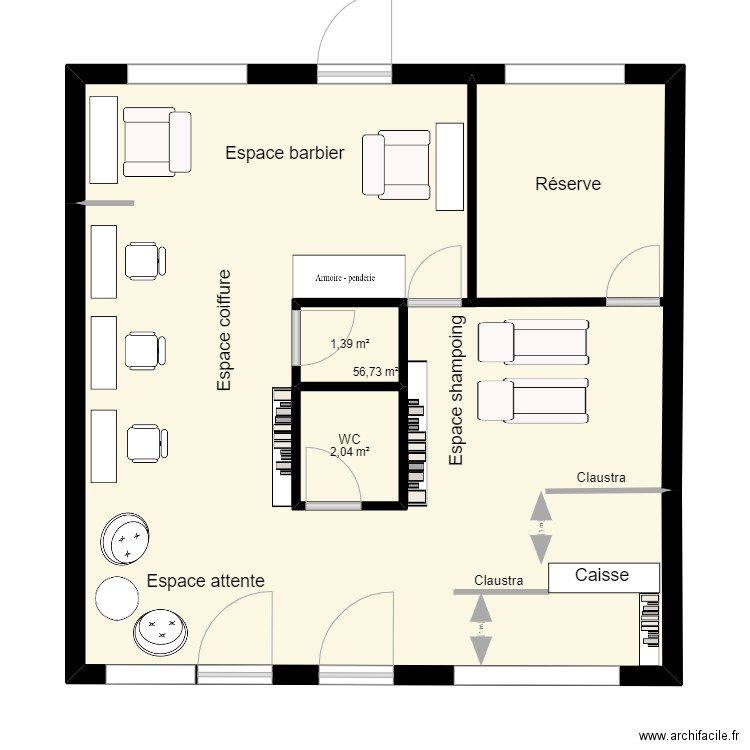 Salon PEGGY V2. Plan de 3 pièces et 60 m2