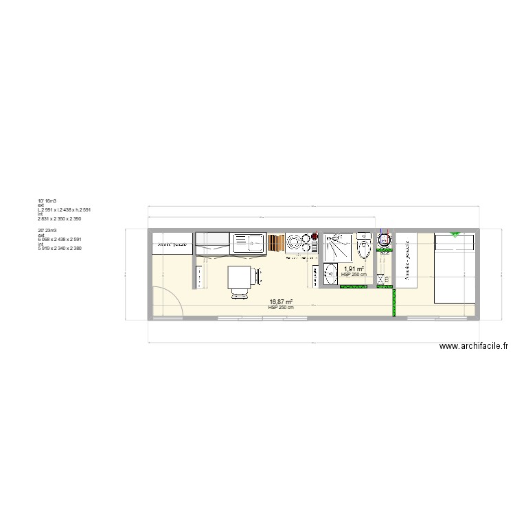 autre version. Plan de 2 pièces et 19 m2