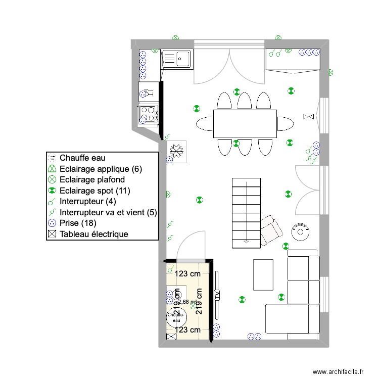 dépendance riz de jardin escalier droit. Plan de 1 pièce et 3 m2