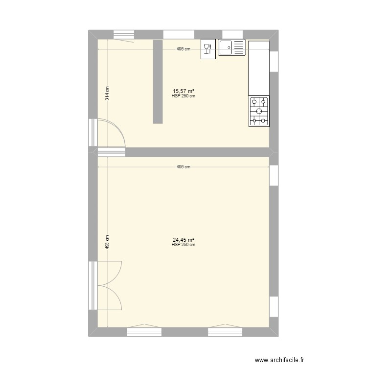 fauconnerie. Plan de 2 pièces et 40 m2