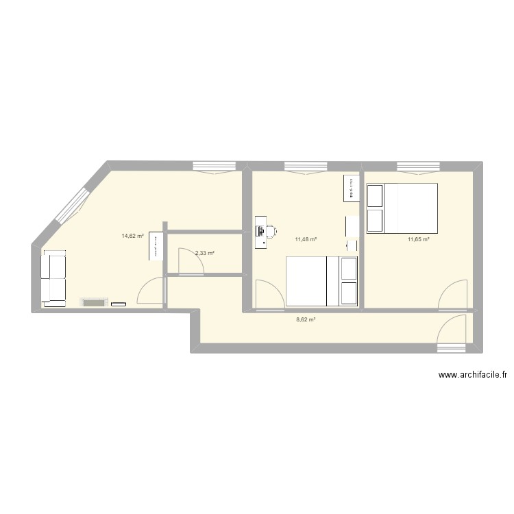 3 pièces. Plan de 5 pièces et 49 m2