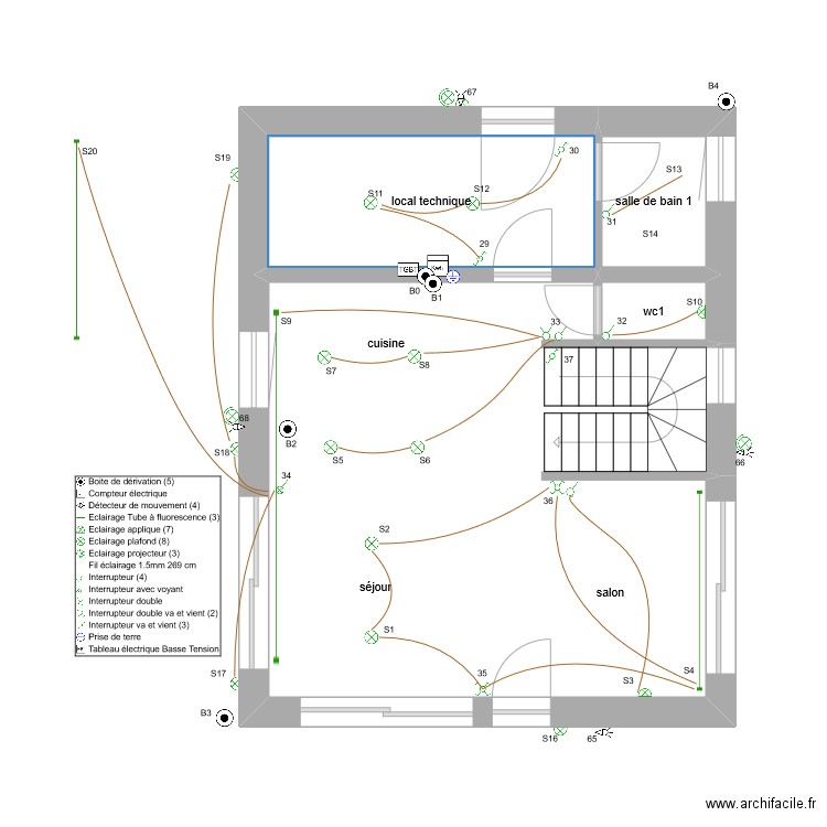 chalet zinc Rdc éclairage. Plan de 4 pièces et 44 m2