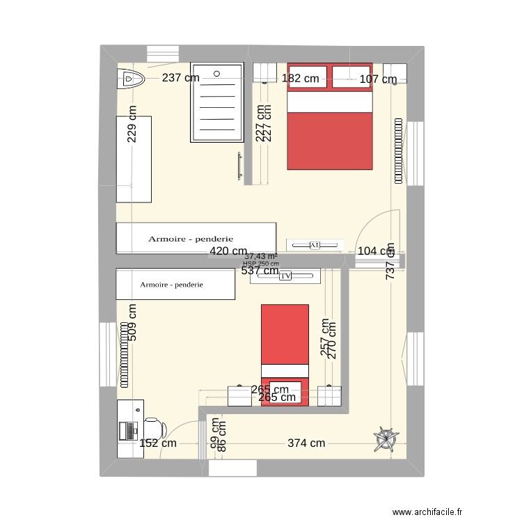 Hypothèse 4. Plan de 1 pièce et 37 m2