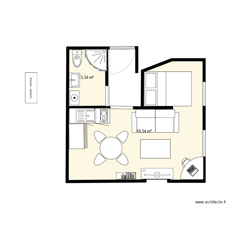 broca 1. Plan de 2 pièces et 23 m2