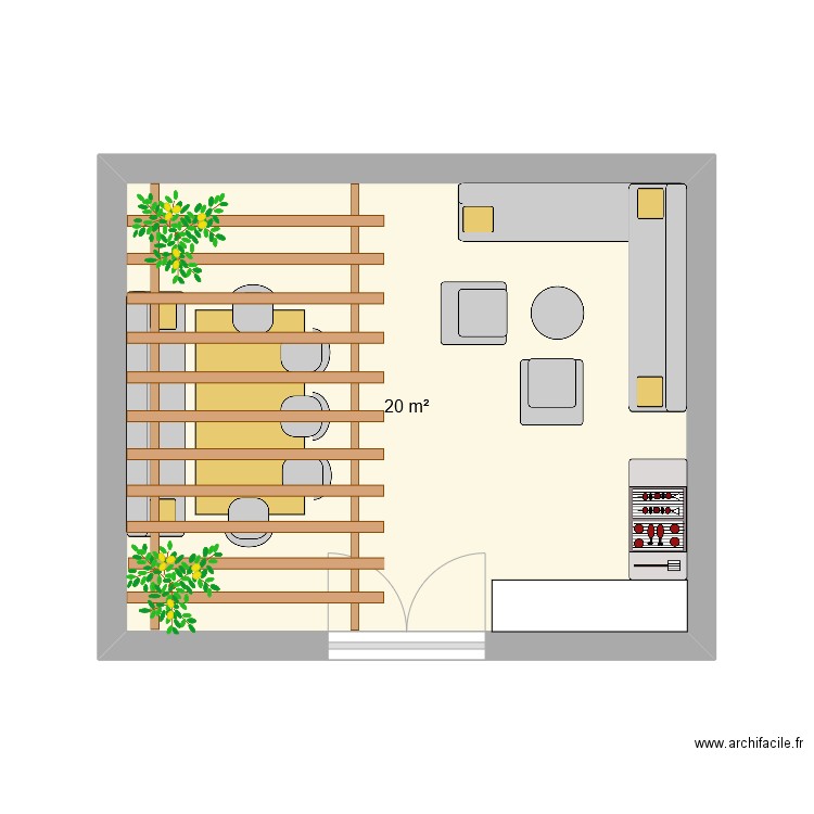 terrasse. Plan de 1 pièce et 20 m2